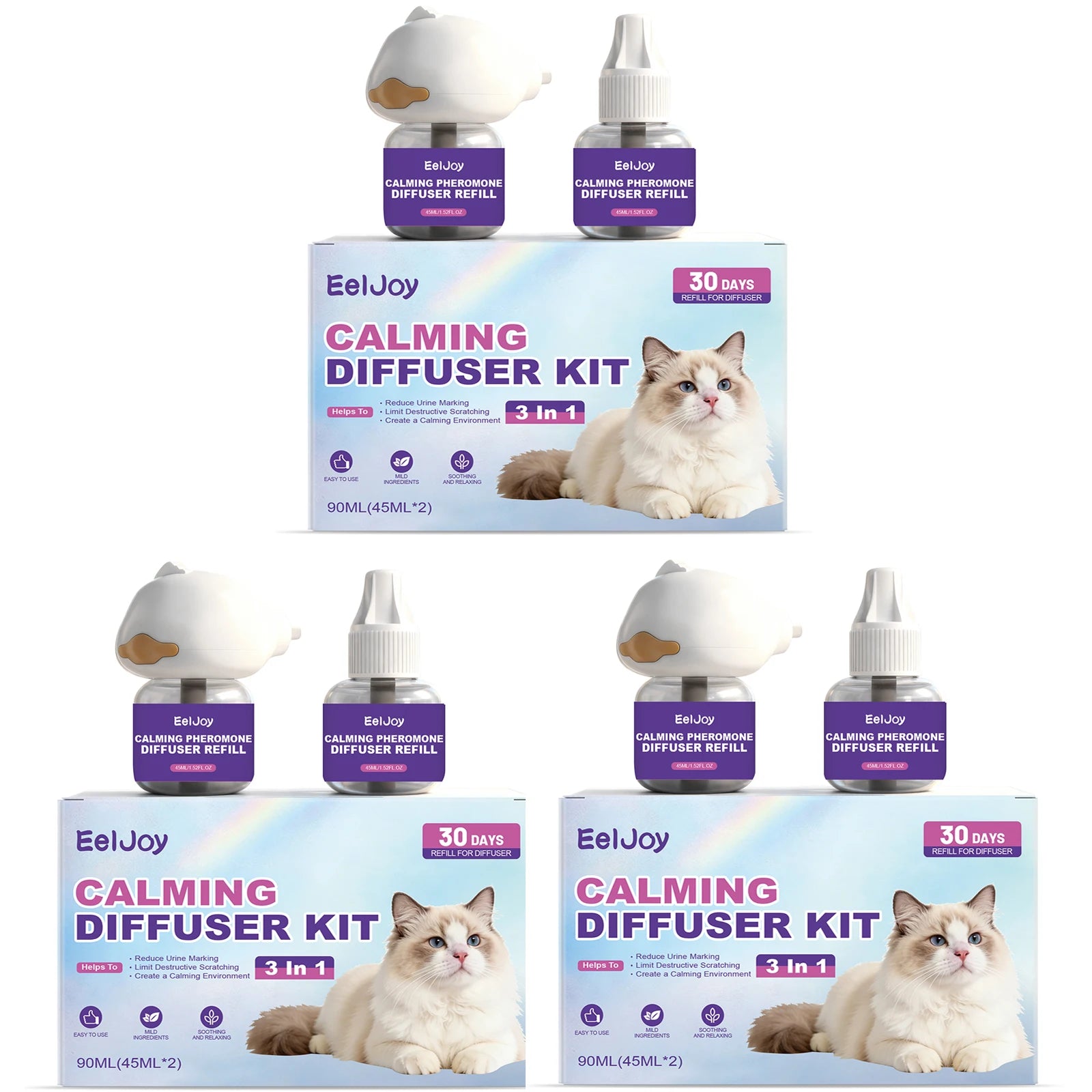 Cat Calming Pheromone Diffuser Kit Anxiety Relief Reduce Scratching Behavior Adapt Environment 3-in-1 Plug-In Calming Diffuser Qme 3pcs Boxed