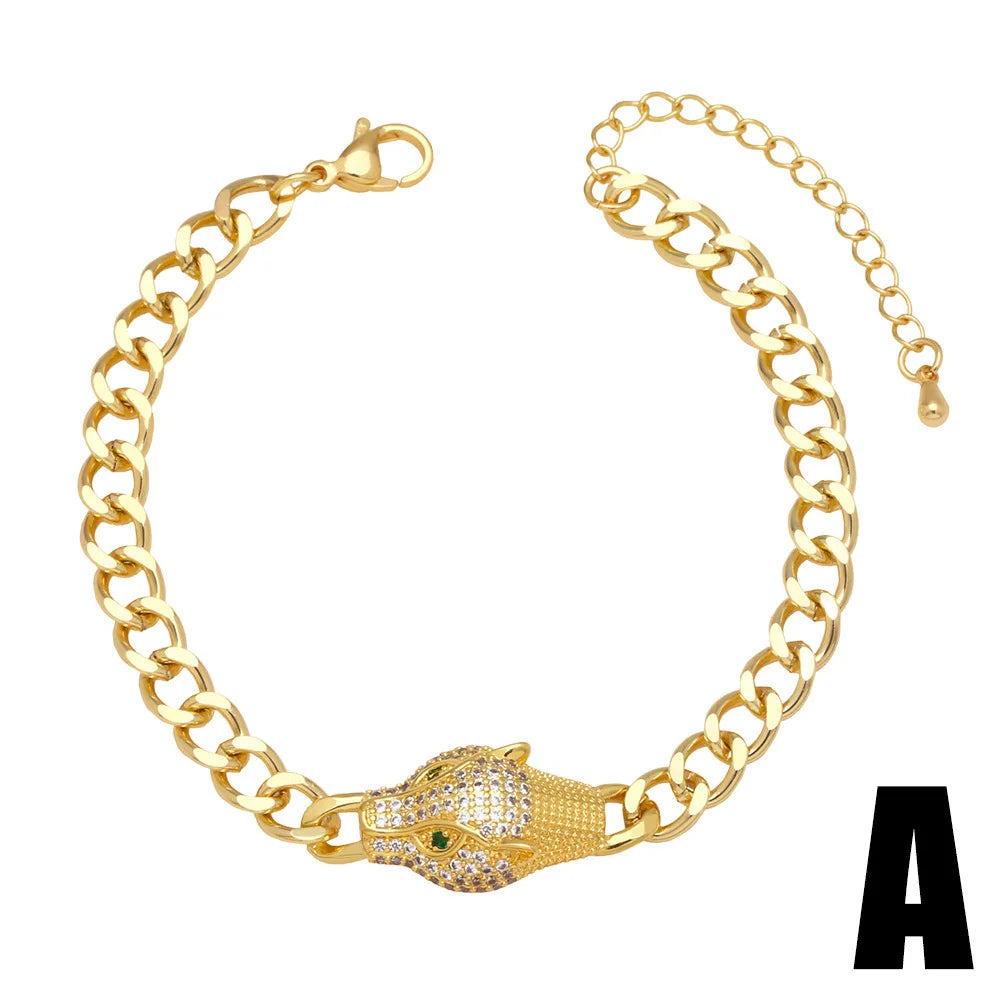 New Hot Punk Hip Hop Personality Leopard Head Bracelet Men and Women Cool Zircon Gold Plated Cuban Chain Wholesale Qme A