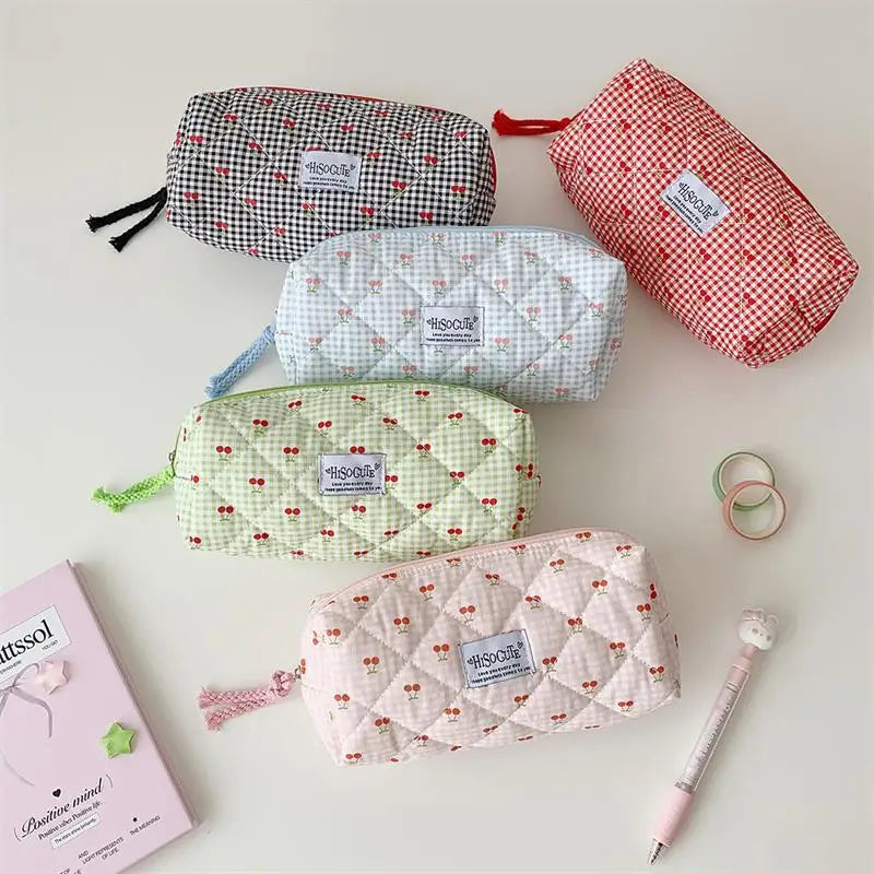 Cute Student Stationery Bag Ladies Cosmetic Bags Cherry Plaid Large Qme