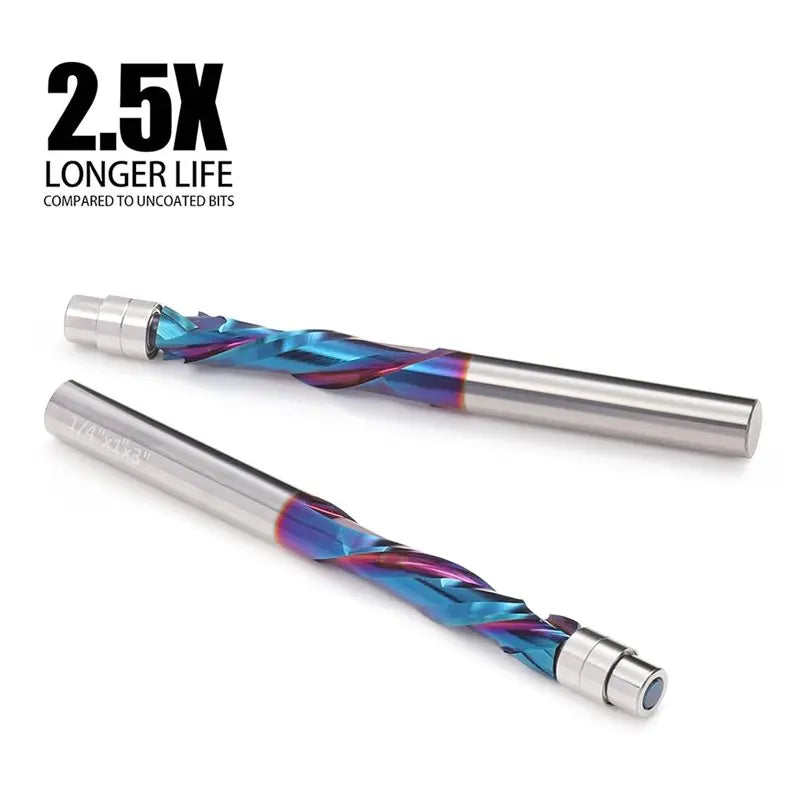 A02F-Up Down Cut Spiral Flush Trim Router Bit 2PCS, 1/4 Inch Shank 1 Inch Cutting Length Compression Qme