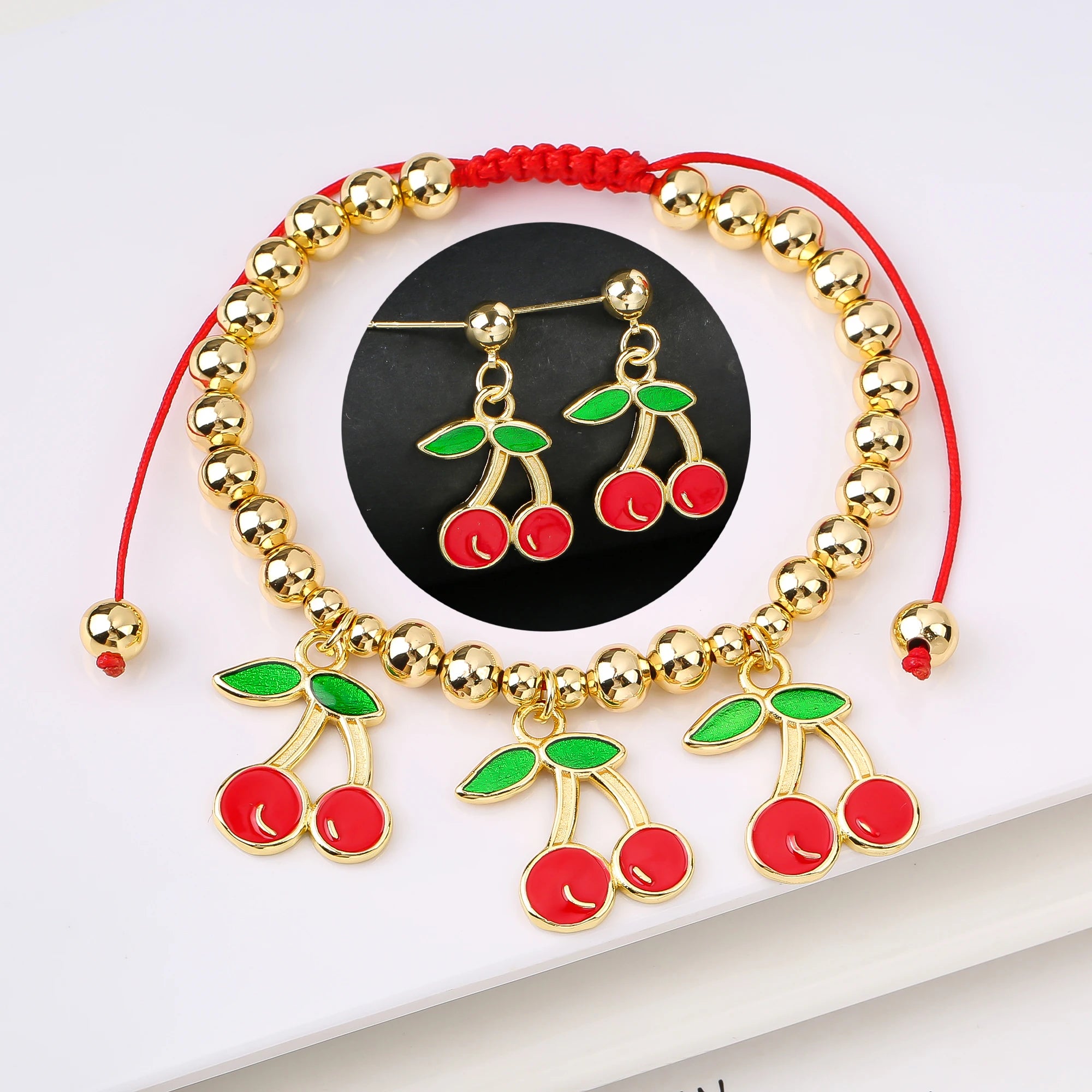 2PCS Trendy Red Cherry Strawberry Bracelet Earring Fruit Set for Women Casual Vacation Zirconia Jewelry Girls Lucky Gift Qme Jewelry Set 4