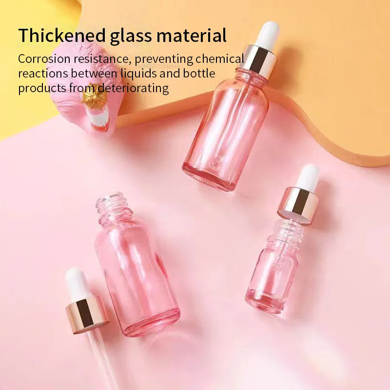 Dropper Bottles Refillable 5- Rose Lid Cosmetic Container Pink Glass Qme