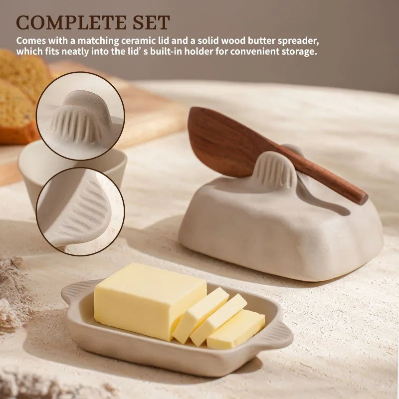 Handmade Coarse Ceramic Butter Dish Lid Creative Textured Rectangular Qme