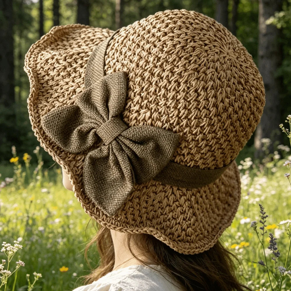 Vintage Wide Brim Beach Straw Hat Bowknot Breathable Sunshade Bucket Qme