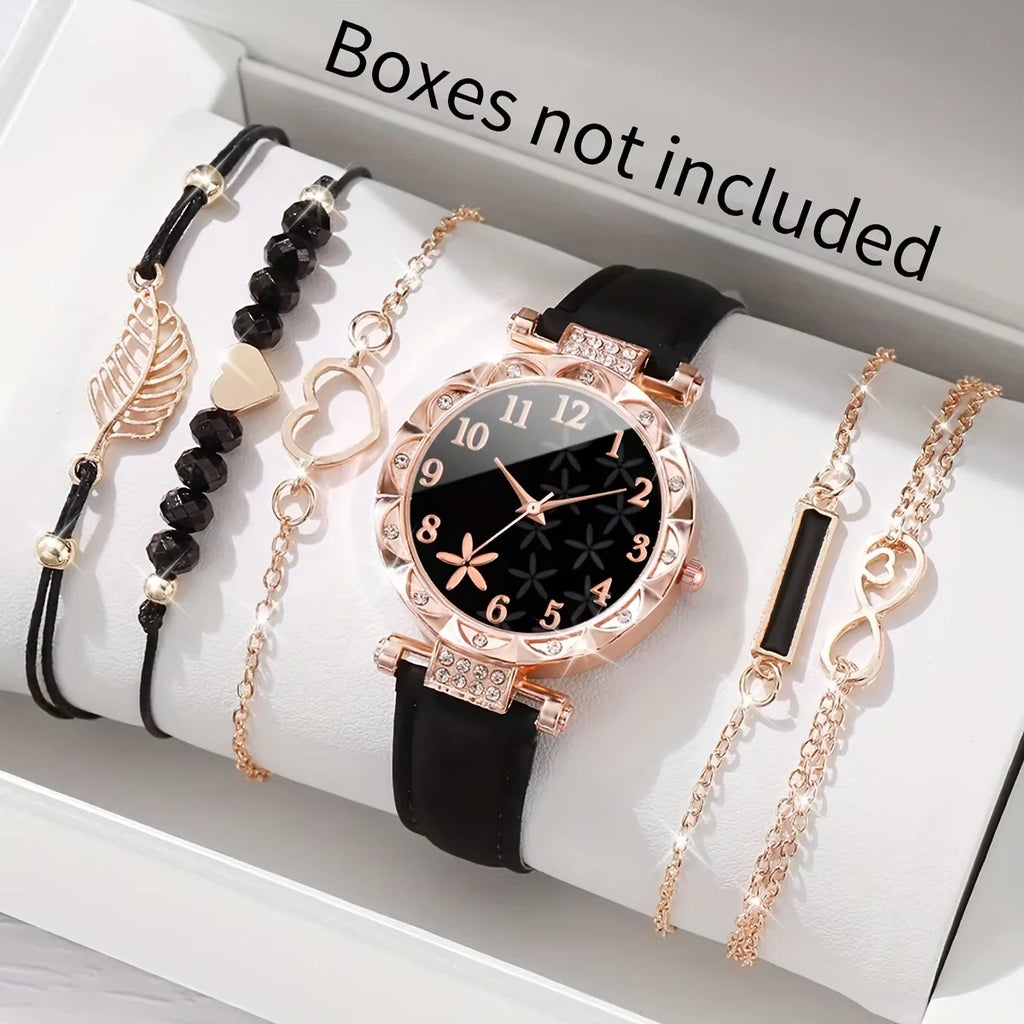 6PCS Women's Fashion Quartz Watch Luxury Pink Leather Band Analog WristWatch Ladies Watch Women Dress Bracelet Set Clock Qme 1