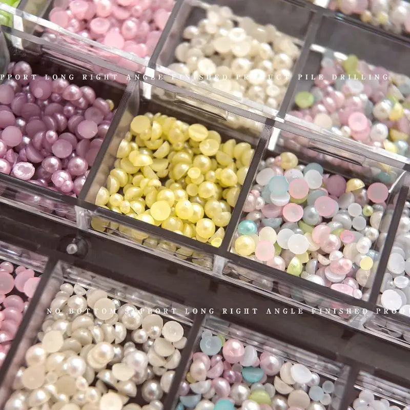 DIY Nail Art 12 Grids Colorful Pearl Half-round Beads Qme