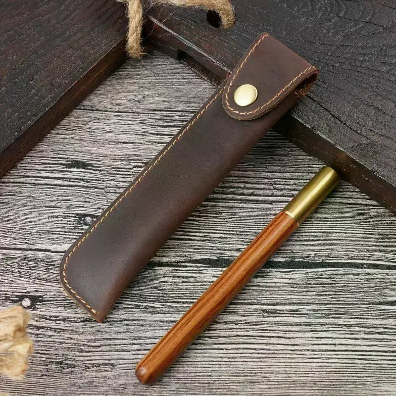 PU Leather Pen Holder Brass Snap Closure Fine Stitching Slim Pencil Qme