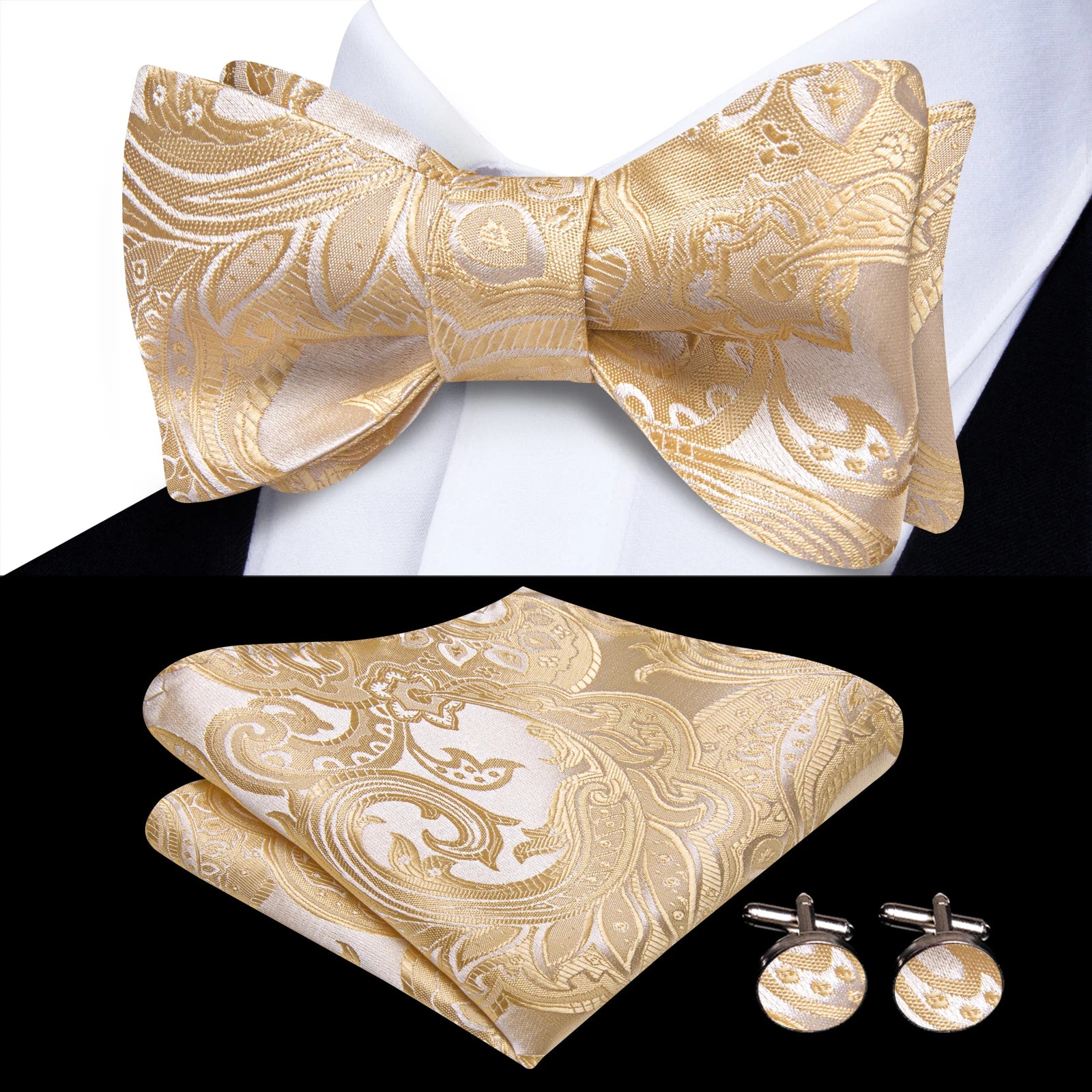 Hi-Tie Classic Bow Ties for Men Butterfly Self-Tied Male Bowtie Pocket Square Cufflinks Set Jacquard Paisley Wedding Event Party Qme HT-LH-2304