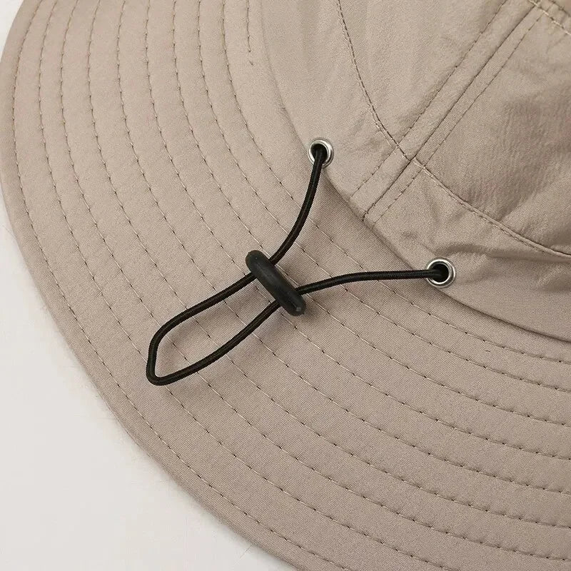 Windproof Men Outdoor Hat Wide Brim Flat Top Men Camping Hat Letter Print Anti-UV Strap Hollow Out Men Fisherman Hat Headwear Qme