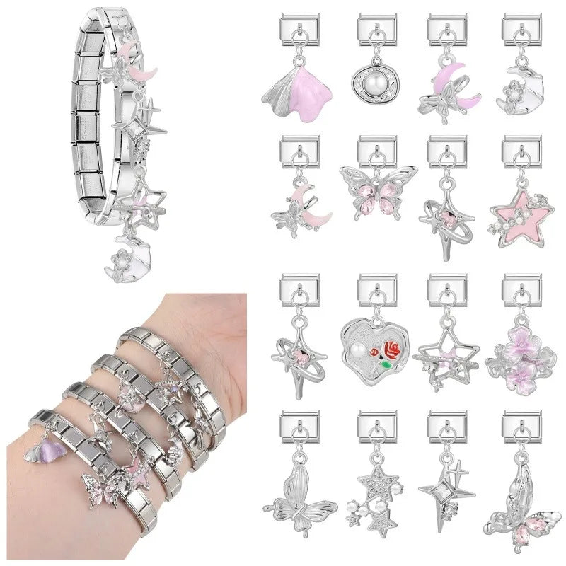New 2026 Fashion Sweet Pink Moon Star Butterfly Pendant Italian Charm Links Fit 9MM Stainless Steel Bracelet DIY Making Gifts Qme