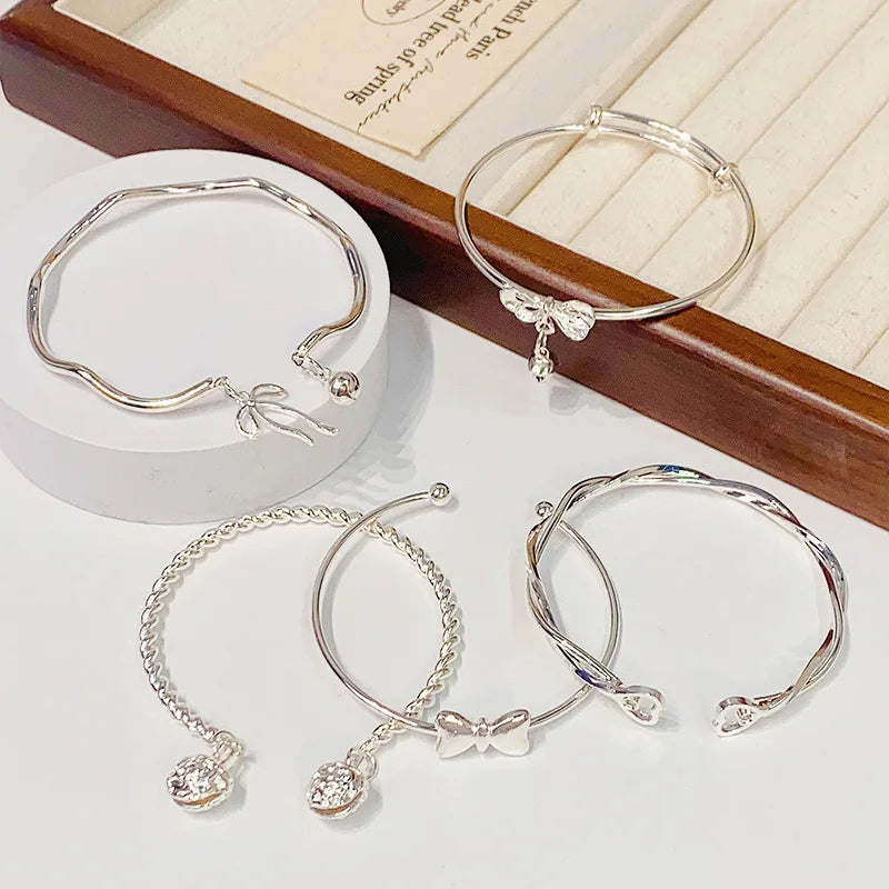 Simple and Irregular Titanium Steel Cute Open bangle Adjustable Butterfly Bell Bowknot Heart Shaped Women's Girl Bracelet Qme