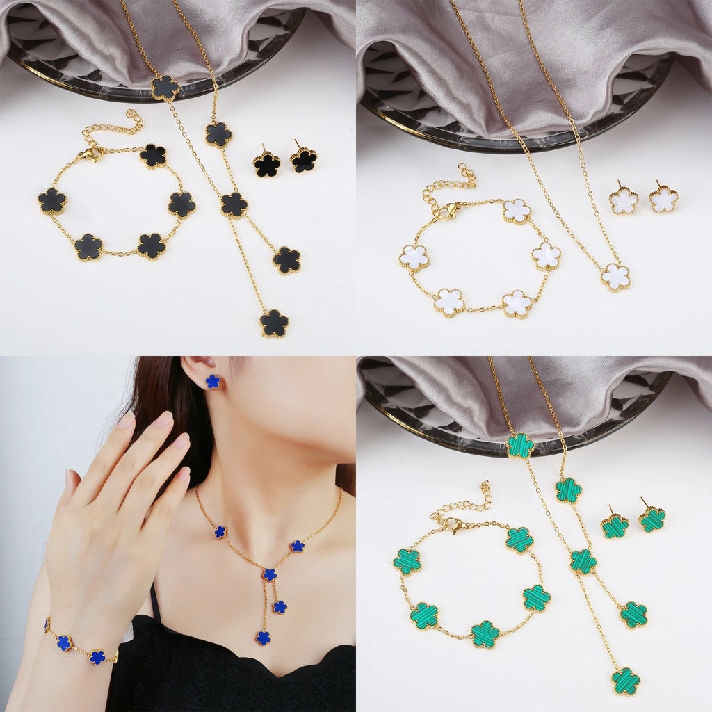Classic Stainless Steel Five Leaf Flower Set Bracelet Necklace Earrings Luxury for Woman Party Daily Wear Jewelry Free Shipping Qme