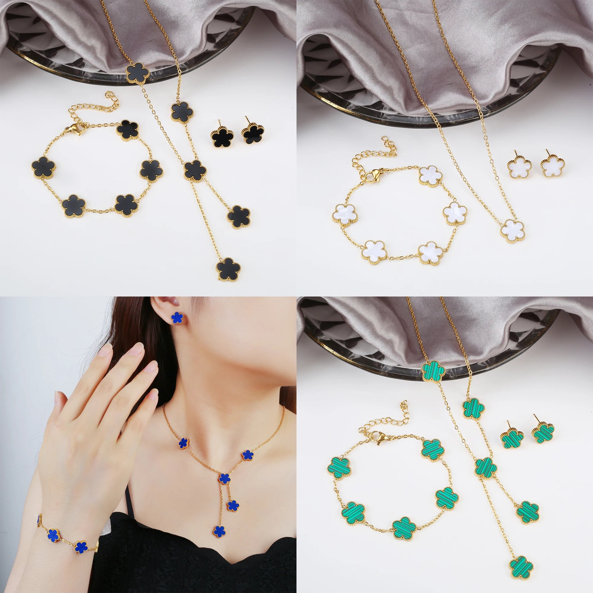 Classic Stainless Steel Five Leaf Flower Set Bracelet Necklace Earrings Luxury for Woman Party Daily Wear Jewelry Free Shipping Qme