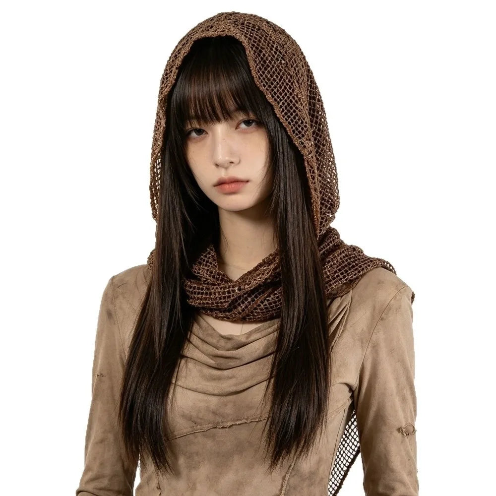 Vintage Solid Hooded Headscarf Y2k Breathable Head Wraps Scarf Qme Coffee