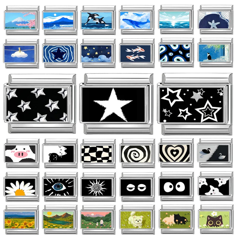 Fashion Personalized DIY Black Color Italian Charm Bracelet Stars Heart Sun Fishs Eyes Bead 9mm Bracelet Stainless Steel Jewelry Qme