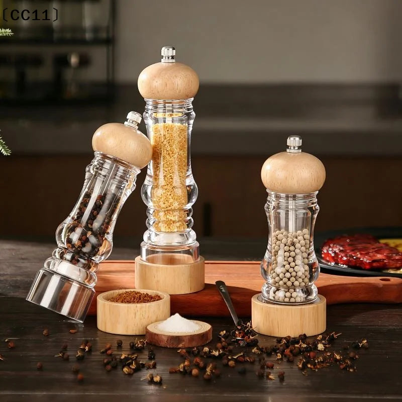 Wood Pepper Grinder Mill Acrylic Sea Salt Shaker Adjustable Qme