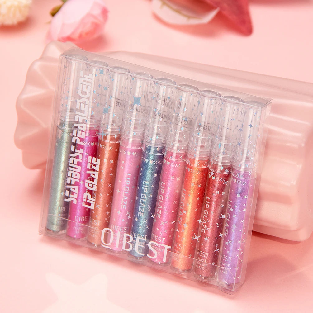 QIBEST 9Pcs/Sets Glitter Lip Glaze Liquid Lipstick Set Shine Lip Gloss Gift Box Natural Moisturizer Waterproof Lips Makeup Qme Lip Makeup Kits