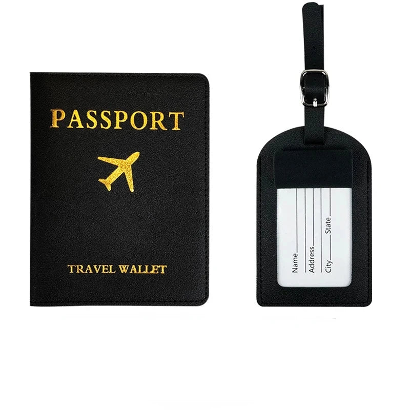 PU Leather Luggage Tag Passport Holder Set Passport Protective Cover Travel Portable ID Credit Card Holder Travel Accessories Qme Black