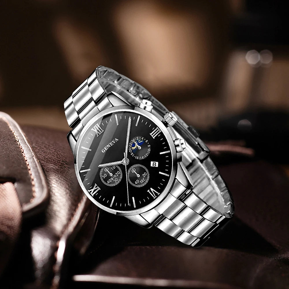 4PCS Men's Watch Set Fashion Trend Business Quartz Watch Cross Pendant Necklace Ring Bracelet Jewelry Set Perfect Gift for Him Qme