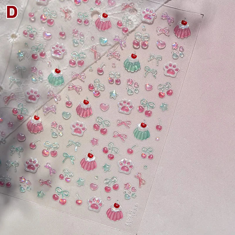 Fresh Sweet Fruits Strawberry Cherry Bowknot Love Heart Bow 5D Nail Qme D