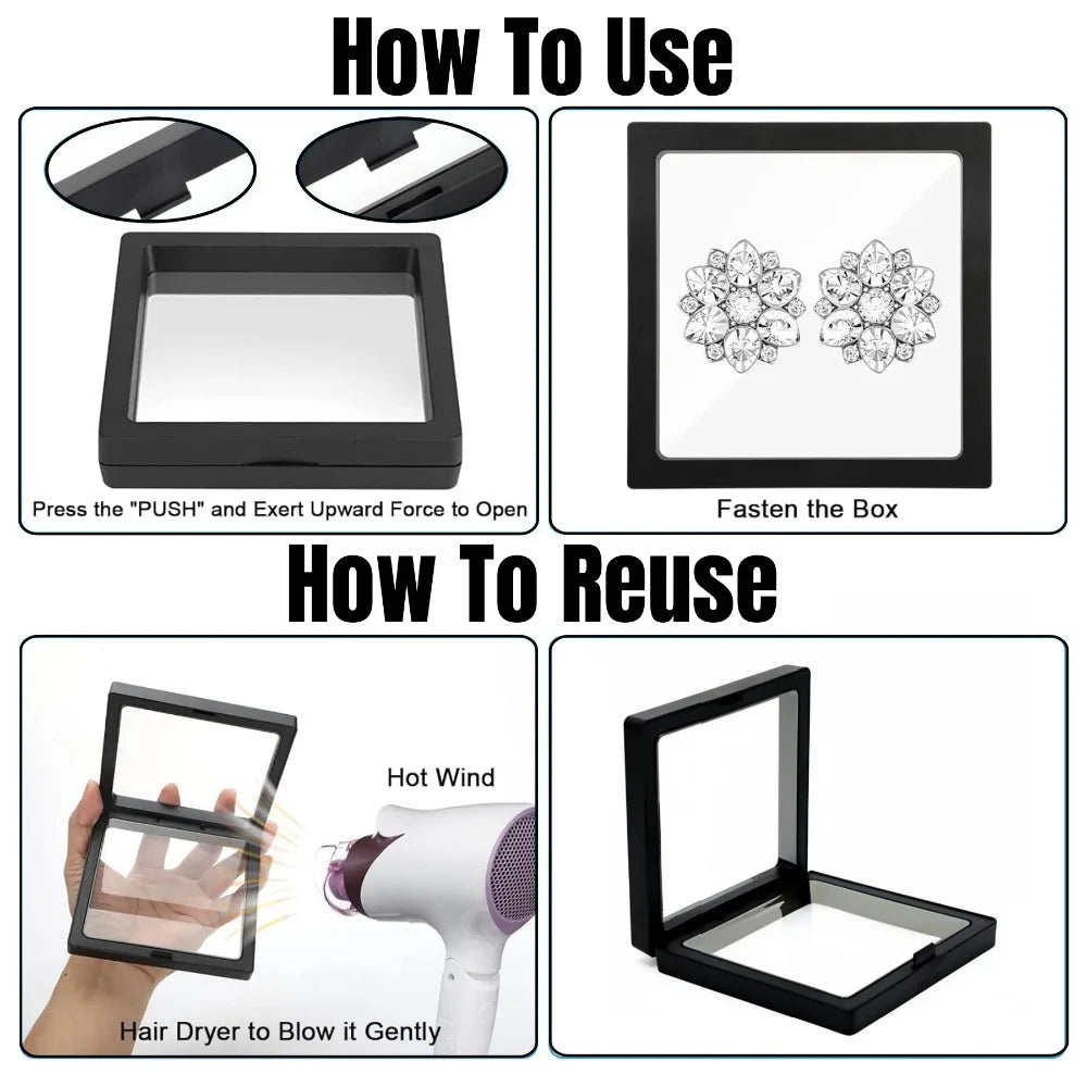 PE Film Display Box 3D Floating Coin Ring Necklace Earring Packaging Box 7x7cm Transparent Visible Jewelry Dustproof Storage Box Qme