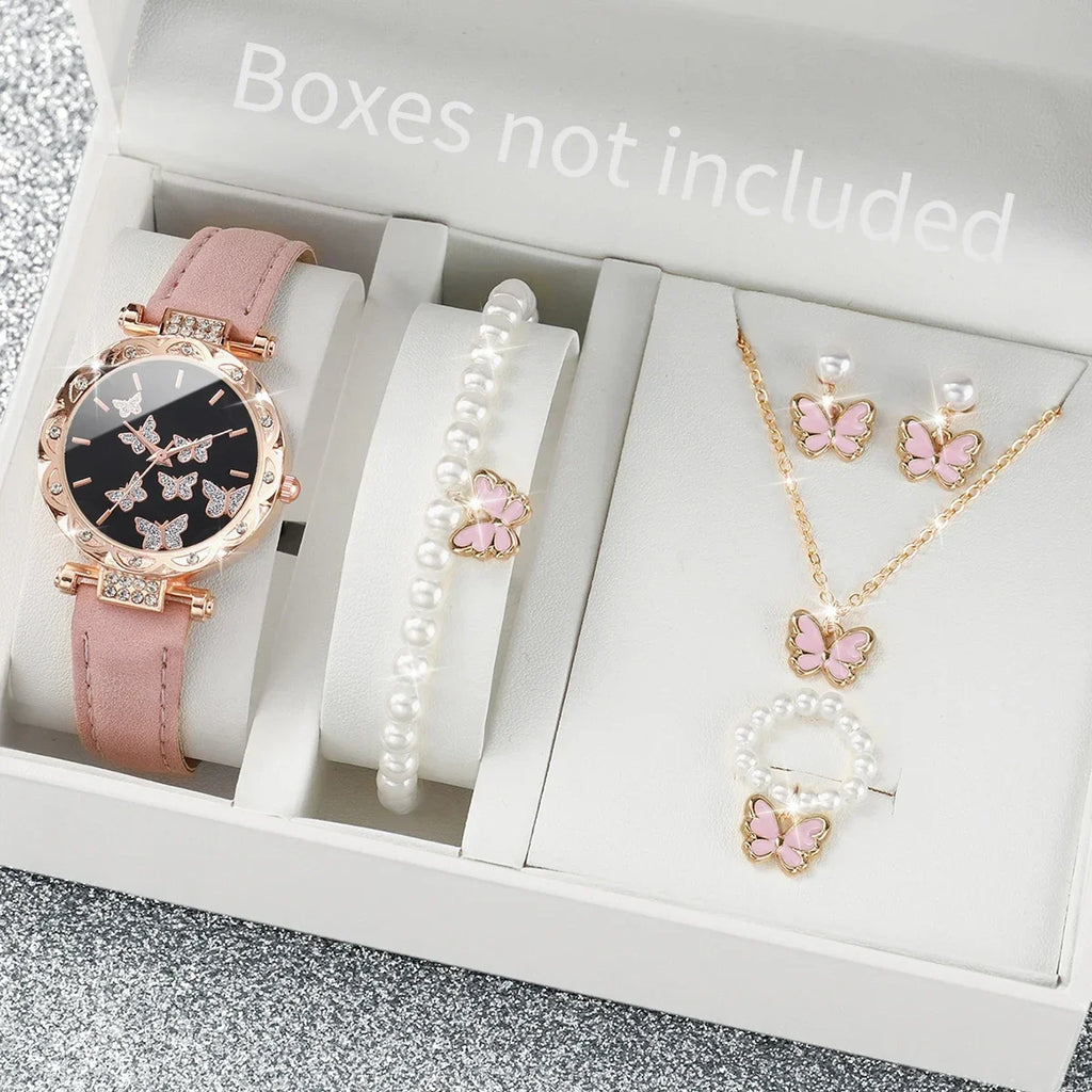 6pcs/set Fashion Butterfly Dial Women Watches Rhinestone Leather Band Quartz Watch Pearls Butterfly Jewelry Set(Without Box) Qme