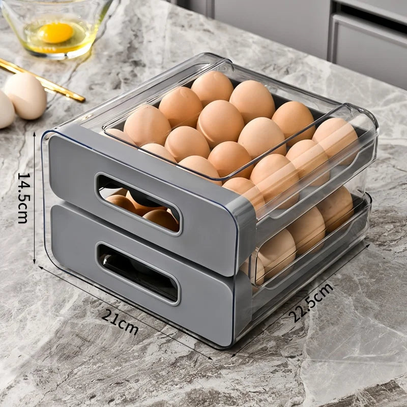 Double-layer Capacity Pull-out Drawer Refrigerator Egg Storage Box Egg Storage Fresh-keeping Box 32 Grid Egg Box Qme 1pc Gray 2-tier