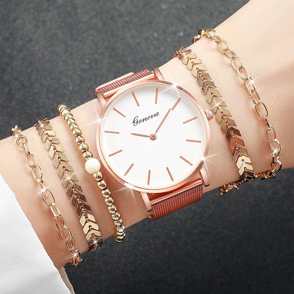 Women's Quartz Watch with Simple Scale Dial, Mesh Band, Bracelets Set, Female Fashion, Without Case, 6 Pieces Per Set Qme