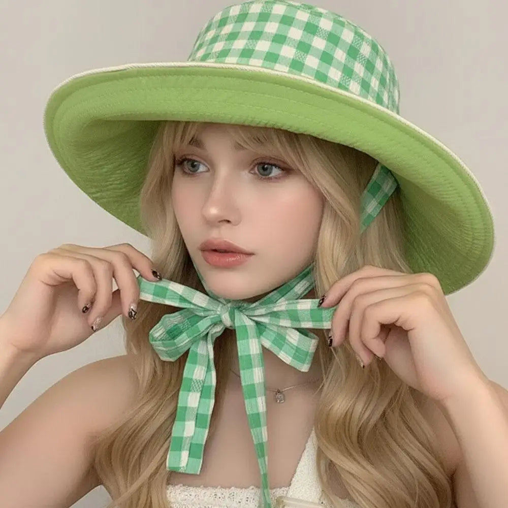 Women Girl Fisherman Hat Double Sided Sun Korean Ins Plaid Tie Strap Qme