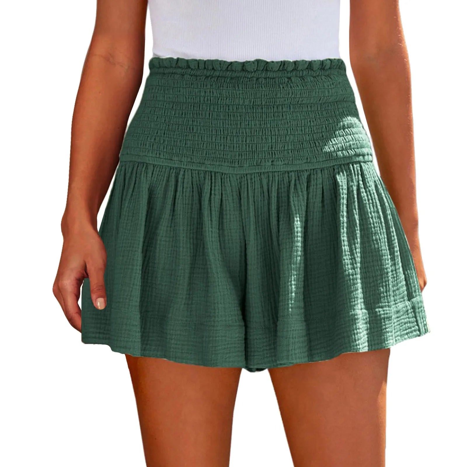 Ladies’ Large Sized High Waist Casual Soft Solid Color Breathable Fashion Wide Leg Shorts Summer Elastic Waist Pleated Trousers Qme Dark Green L