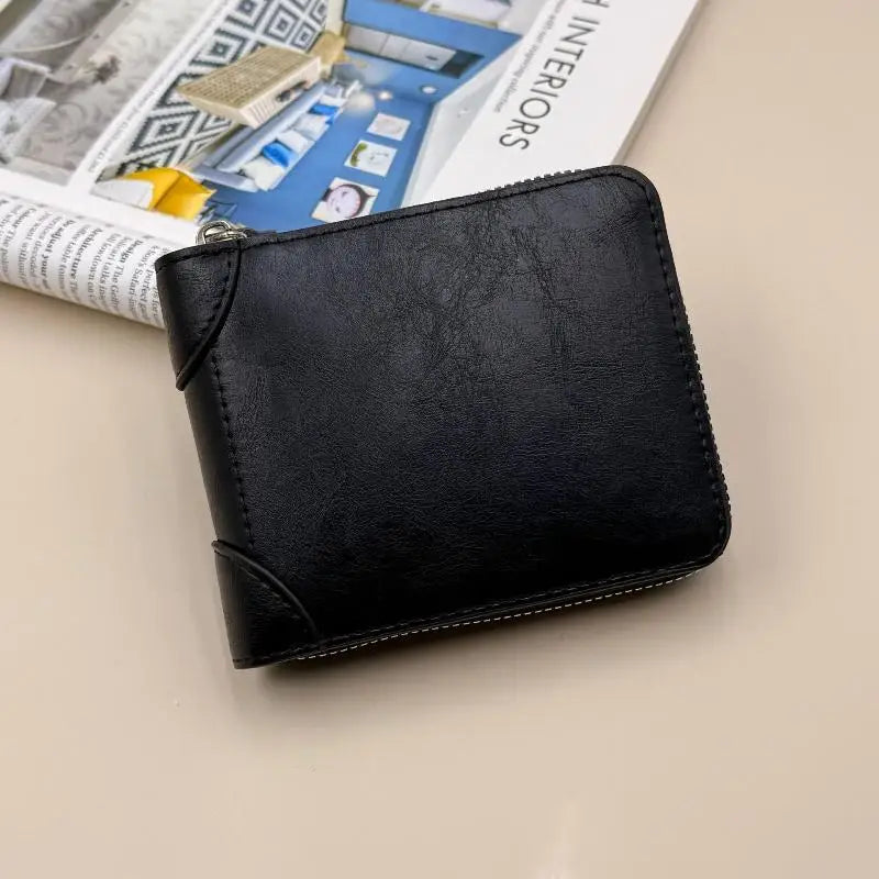 Men Wallets Leather Zipper Purse Man Slim Card Horders Male Short Qme Black
