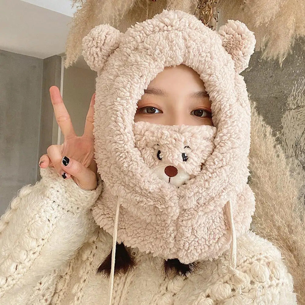 Winter Bear Plush Hat Scarf Mask One-Piece Warm Women's Cozy All-Match Cold Resistance Student Overhead Cap Fashion Accessory Qme