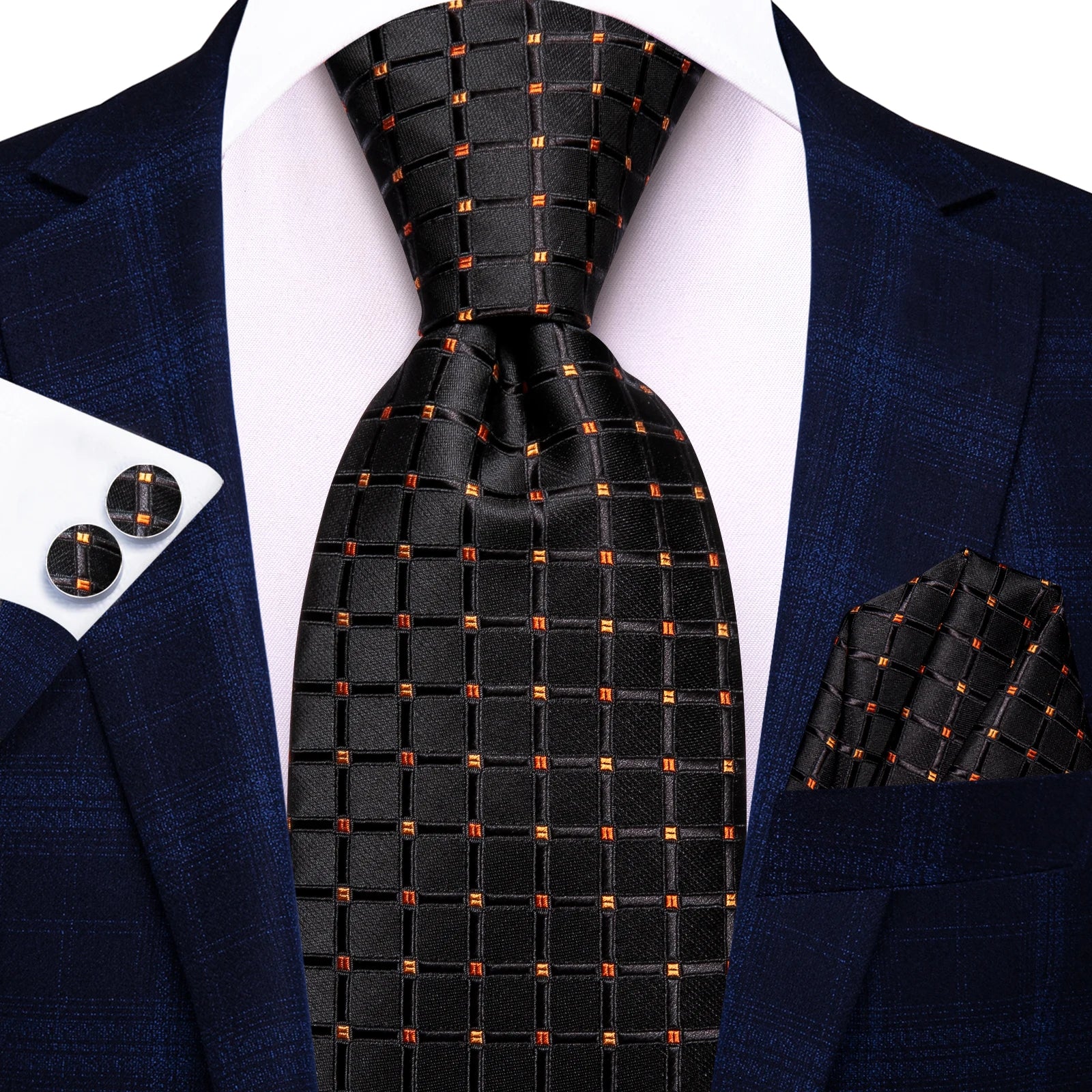 Hi-Tie Fashion 8.5cm Blue Plaid Dots Men's Elegant Tie Handkerchief Cufflinks Set Wedding Party Accessories Gift for Men Gravats Qme HT-N-3979