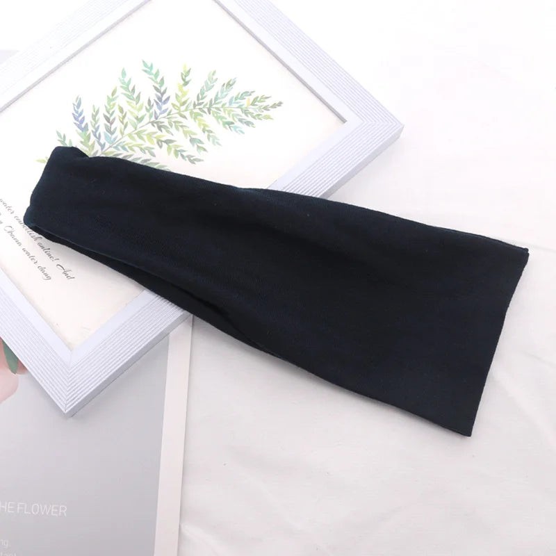 Women Headband Wide Knitted Cotton Sport Elastic Hair Bands Yoga Qme Navy Blue One Size