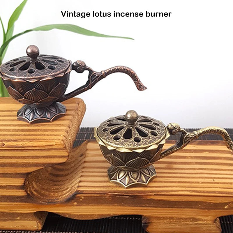 Meditation Home Decor Ancient Alloy Incense Burner Metal Lotus Bowl Qme