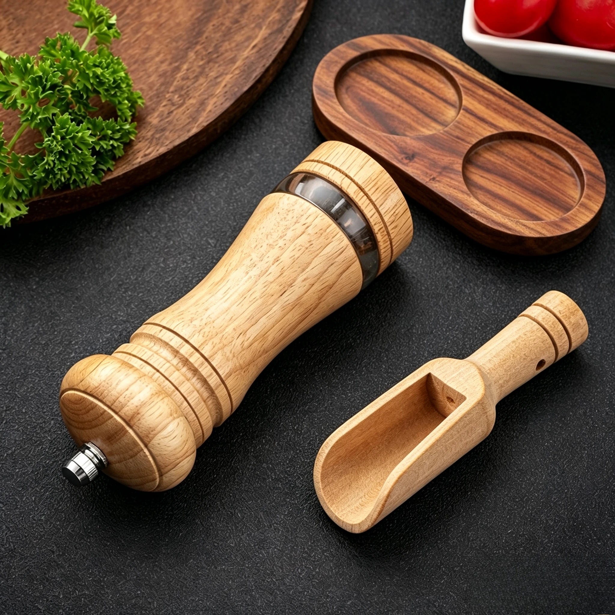 A 6 Inch Acrylic Pepper Mill Ceramic Core Grinder, Rubber Wood Double Hole Tray & Small Wood Spoon Spice Seasoning Set Qme