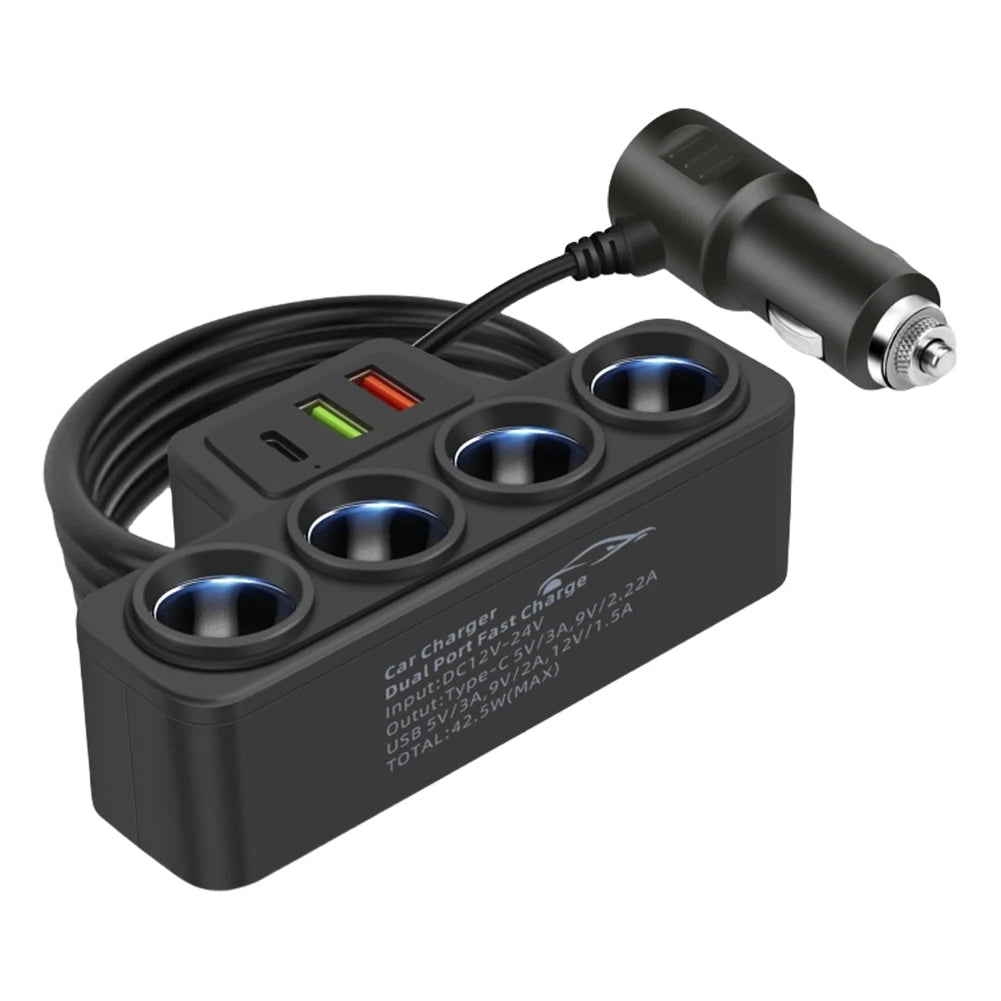 Car USB Charger QC3.0+PD 3.1A 12V-24V 3 USB Socket 4-Socket 3 USB Ports Car Cigarette Lighter Splitter USB Phone Charger Adapter Qme black