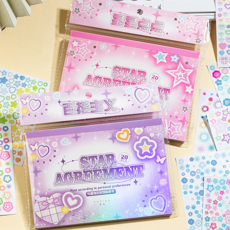 20 sheets，Cute Star cartoon pattern Ins Style Sticker Book, DIY Scrapbooking Stickers Collage Magazine Decoration Stationery Qme