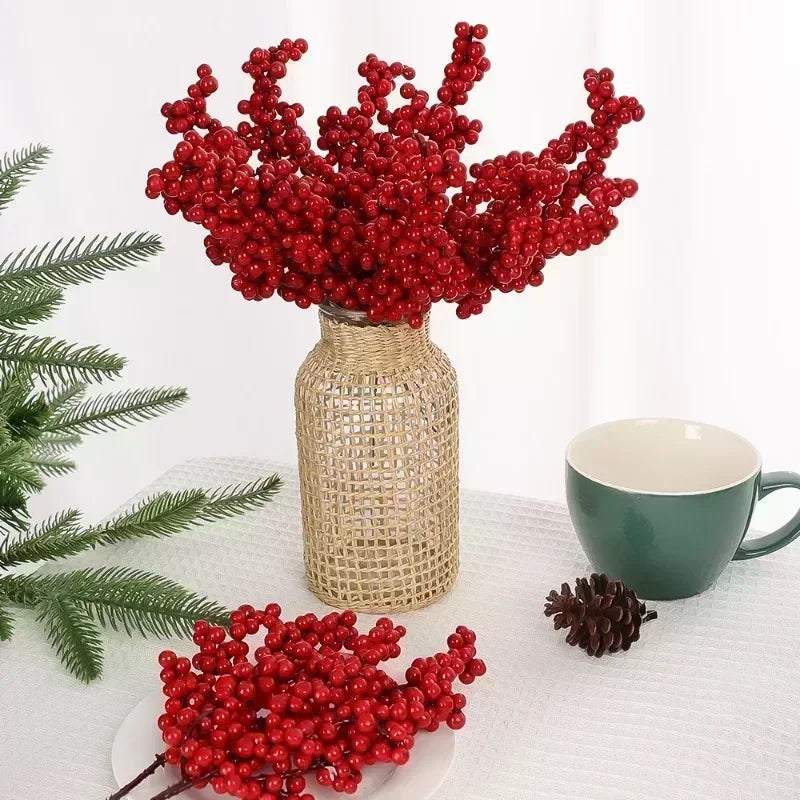 Artificial Berries Christmas Decoration Red Berry Branches for Xmas Tree Party Home Table Ornaments Red Fruit Wreath DIY Gift Qme