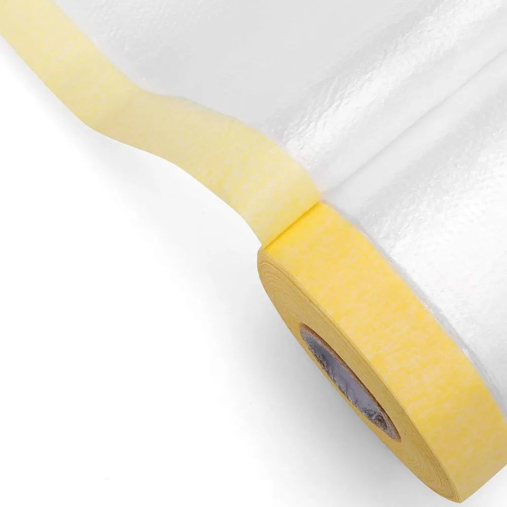 Pre-Taped Masking Film Painters Plastic with Tape for Automotive Paint Adhesive Protective Film Roll for Covering Skirting Qme 1 Roll 20M 55cm