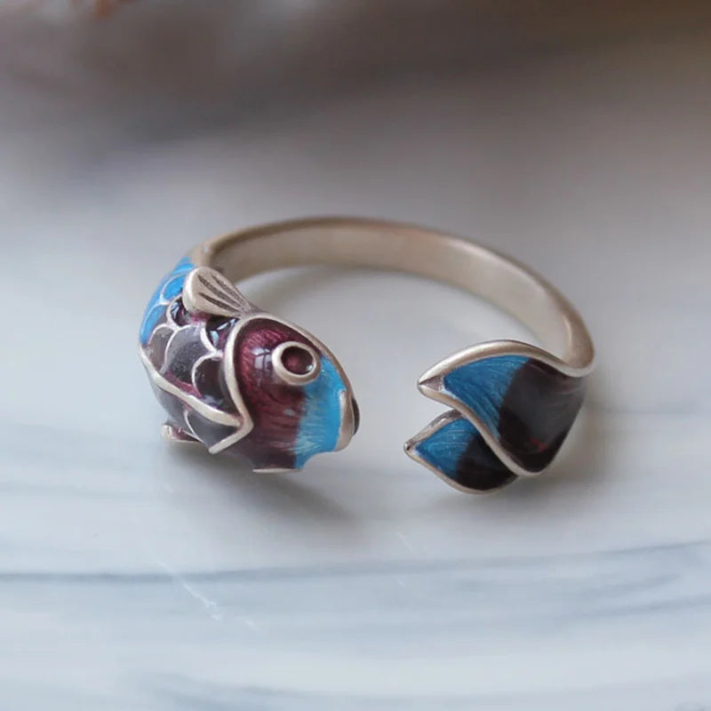 NEW Vintage Fashion Koi Fish Open Ring for Women Lucky Adjustable Holiday Ring Fish Leaping Over The Dragon Gate Jewelry Gift Qme