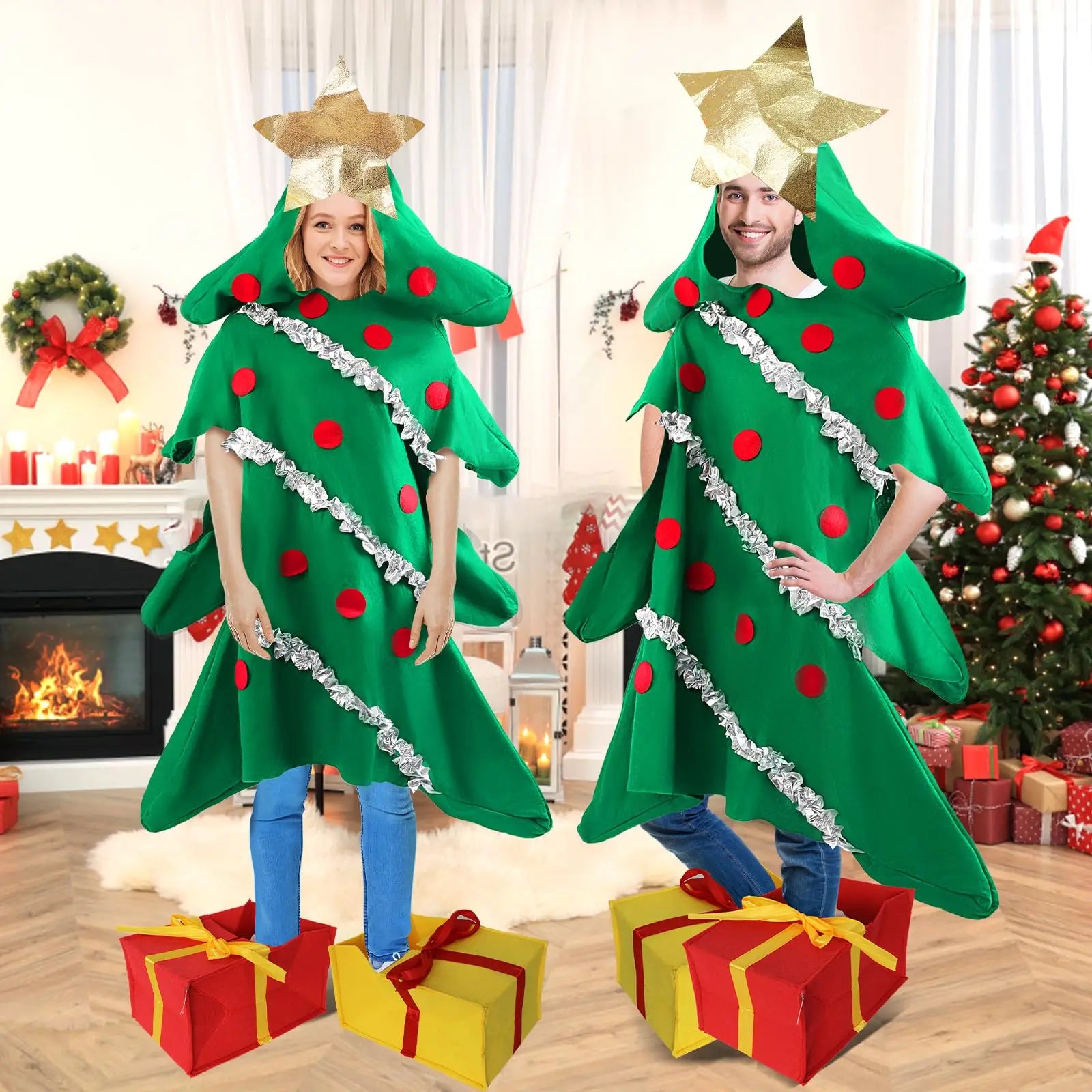 Christmas Tree Costume Adult Christmas Onesie with Gift Shoes Covers for Adult Boys Girls Costume Cosplay Party Outfit Gifts Qme