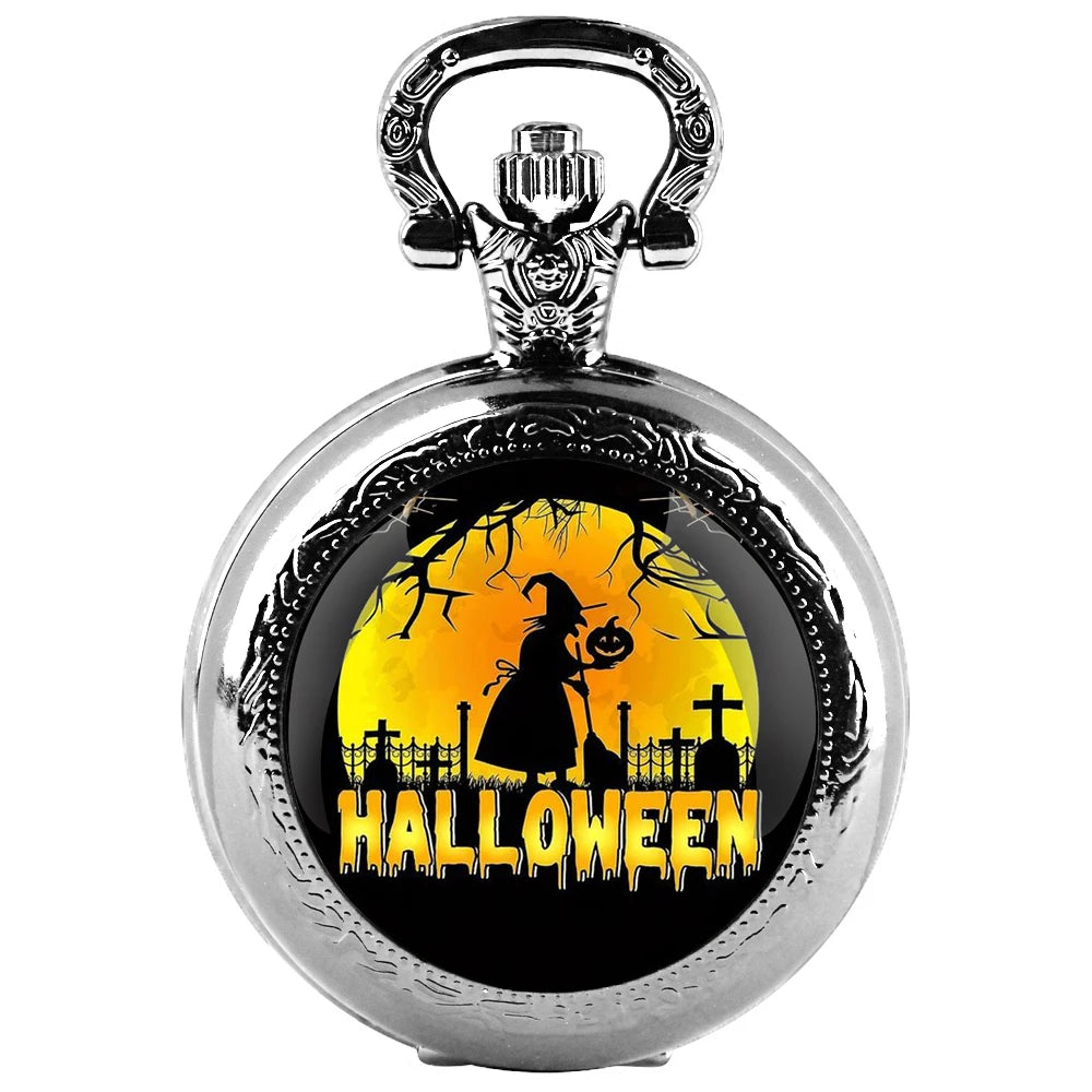 Black quartz pocket watch with Halloween glass dome, Arabic numeral dial and durable chain Qme Silver