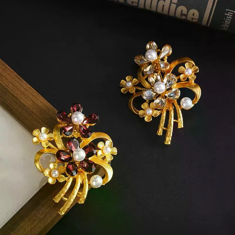 Retro Rhinestone Flower Brooches For Women Unisex 2-color Alloy Plants Party Casual Brooch Pins Gifts Qme