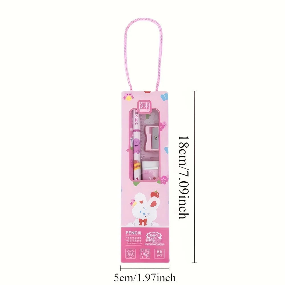 Learning Stationery Set, Birthday Gift 5-in-1 Pencil Set-Fluorescent Sticky Notes-Assorted Colors, Cute Office&School Memo Pads Qme