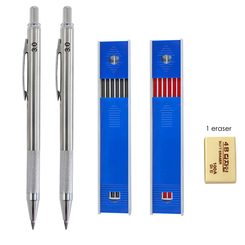 Mechanical Pencil Set 3.0mm Full Metal Art Drawing Painting Automatic Pencil with Leads Office School Supply Qme 2Pen 2refill 1er B