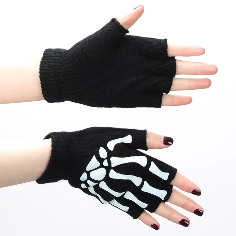 Skull Punk Gloves Black Neutral Half Finger Ghost Claw Knitted Qme