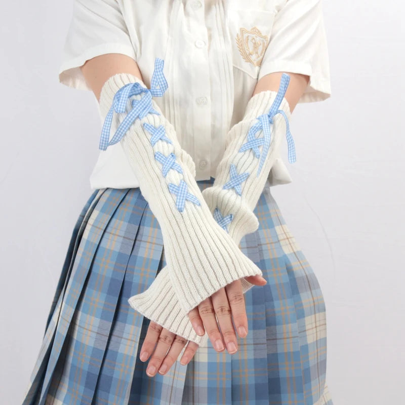 JK Girls Gloves Japanese Kawaii Lolita Fingerless Glove Elbow String Ribbon Ties Up Party Fingerless Gloves Harajuku Leg Warmers Qme