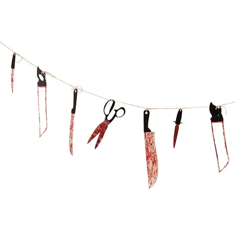 12Pcs Halloween Fake Blood Knife Garland Plastic Bloody Knife Banner Haunted House Horror Hanging Party Wall Decoration Props Qme