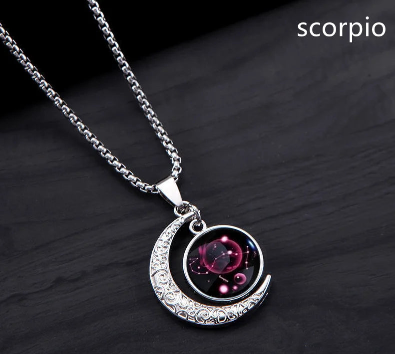 12 Constellation Luminous Necklace Zodiac Signs Jewelry Crescent Moon Pendant Glow In The Dark Necklace Birthday Gifts Unisex Qme Scorpio